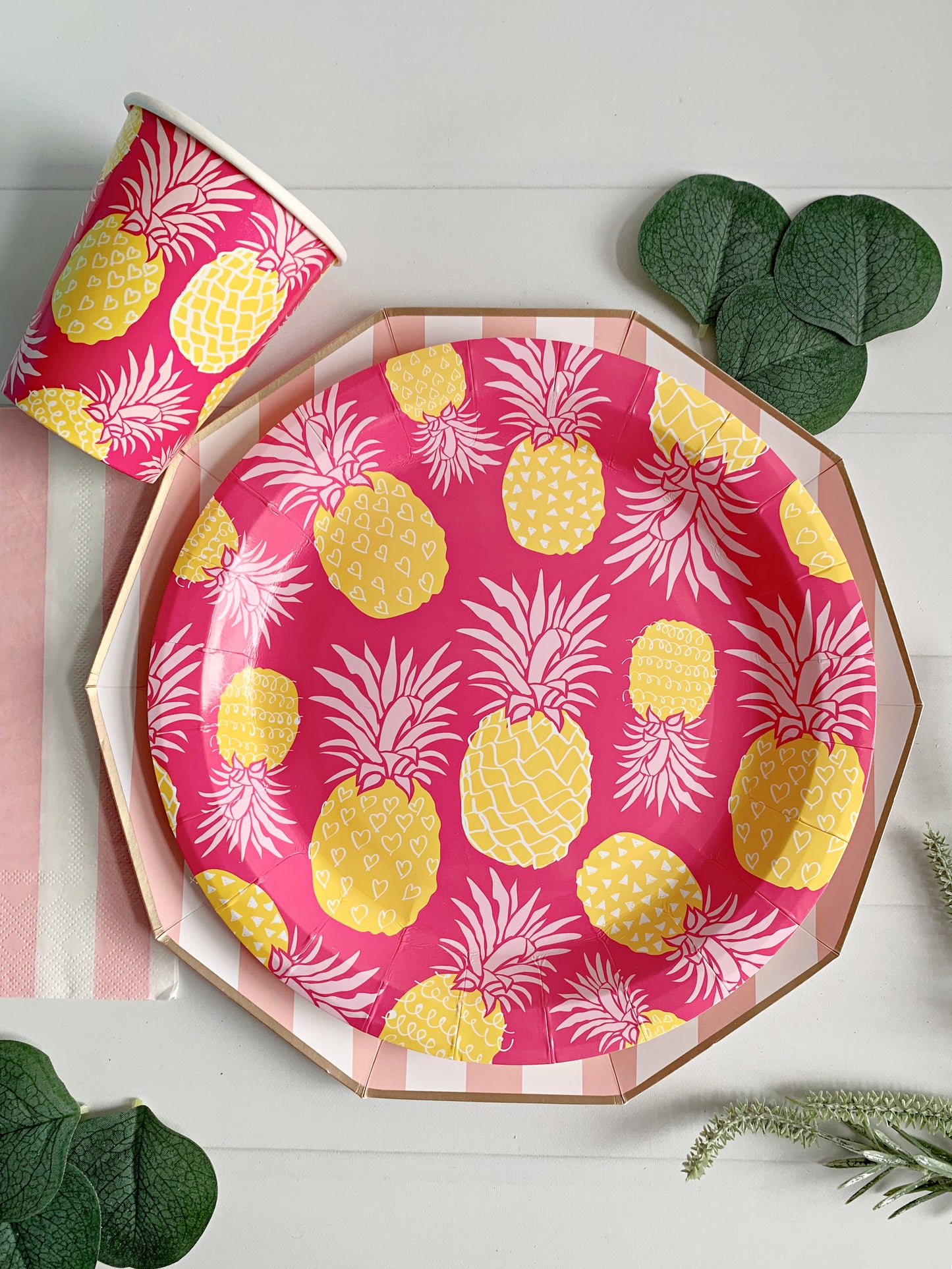Hot Pink Pineapple Party Plates 9 Inch - Tropical Birthday Bridal Shower Bachelorette Party