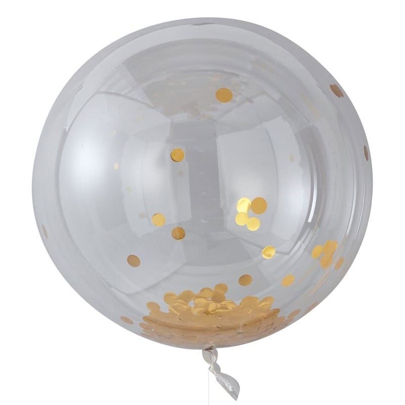 Our set of 3 big round balloons are so fun! These Gold Confetti Orb Balloons will be the highlight of your party! Guests will be wowed by this balloon as they walk into your venue! A truly stunning decoration – the gold confetti will shine away as you celebrate!