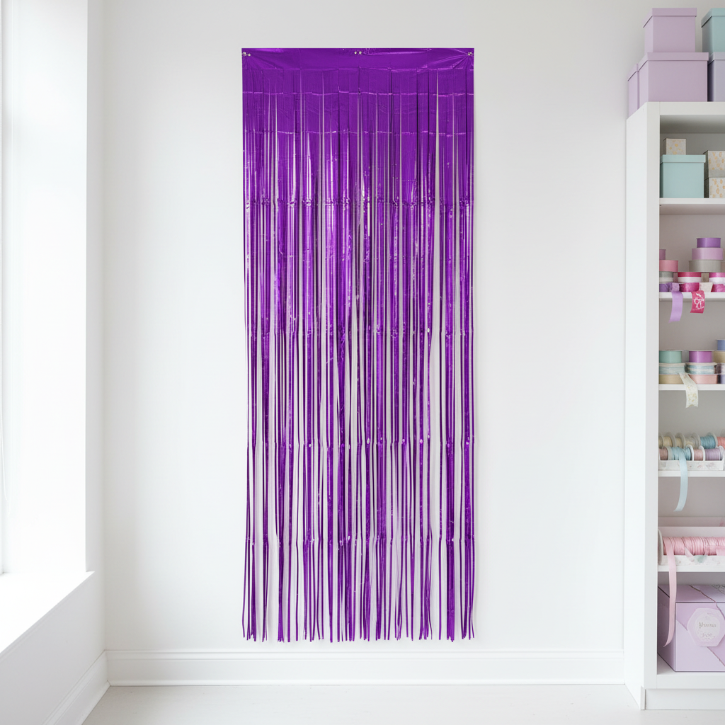 Purple fringe curtain with correct proportions in party boutique