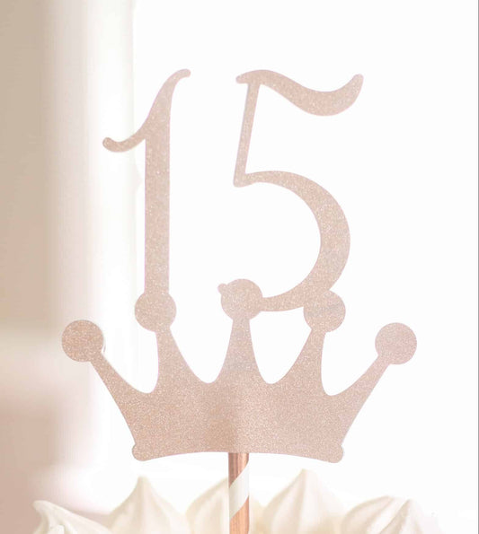 Quinceanera Cake Topper in rose gold - number 15 on top of a crown silouette