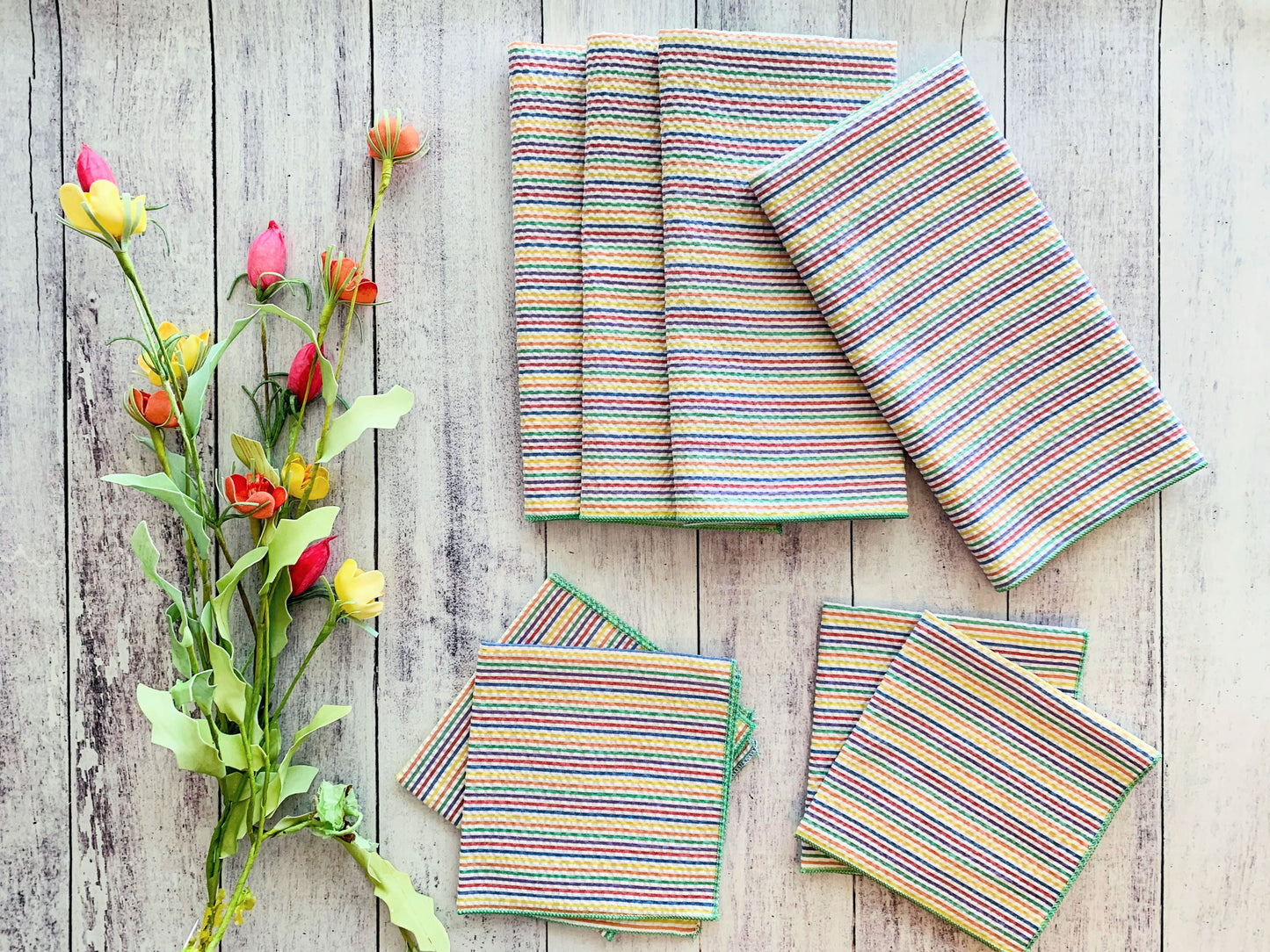 Rainbow Seersucker Cloth Napkins Set of 4 - Colorful Striped Reusable Napkins No Ironing