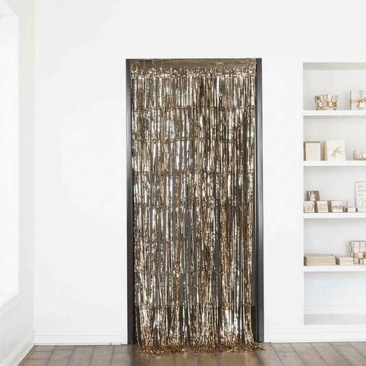 Realistic champagne gold fringe backdrop in bright party boutique