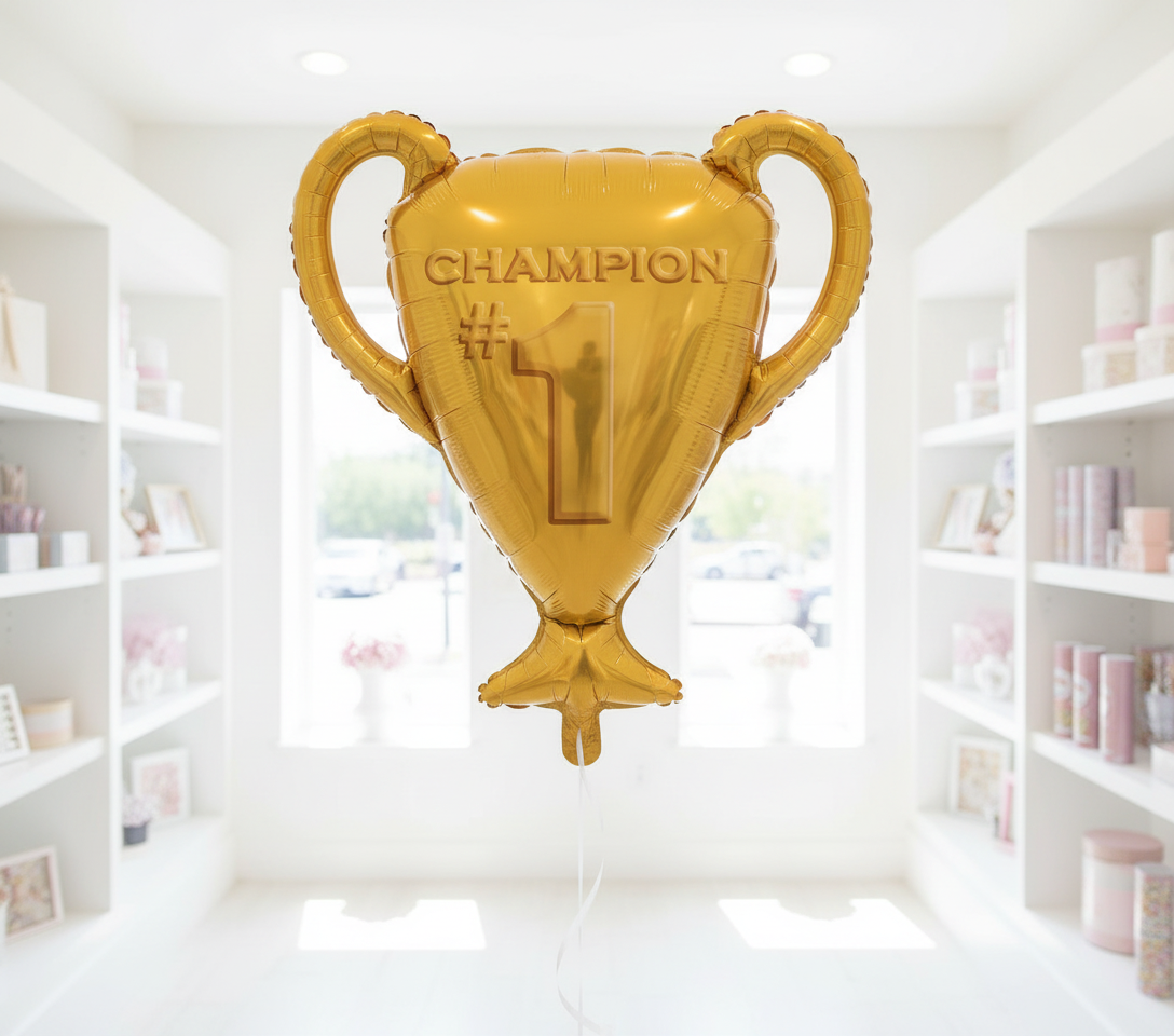 Realistic Gold Trophy Balloon in Bright Shop