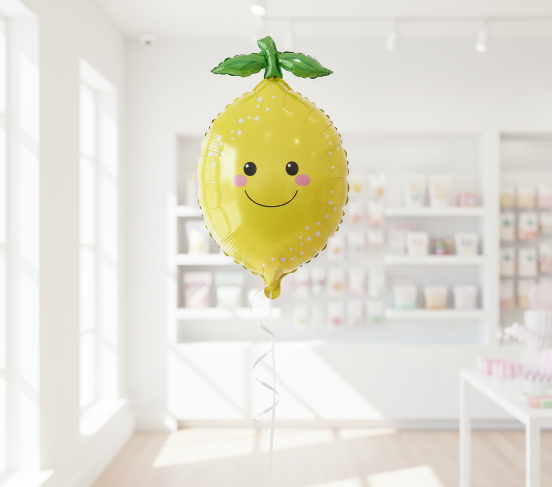 Realistic Shiny Mylar Lemon Balloon in Bright Shop