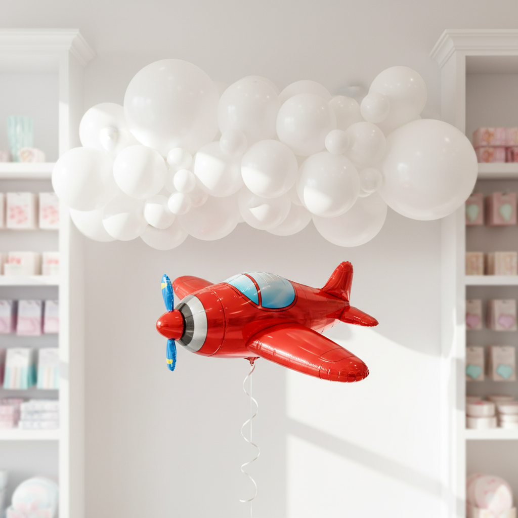 Red Airplane Balloon with Cloud Garland in Bright Shop