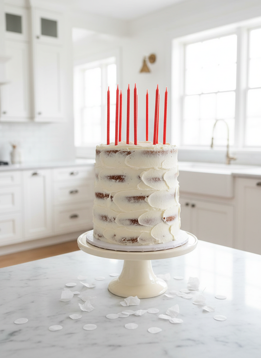 Red Glitter Candles on Cake in French Kitchen