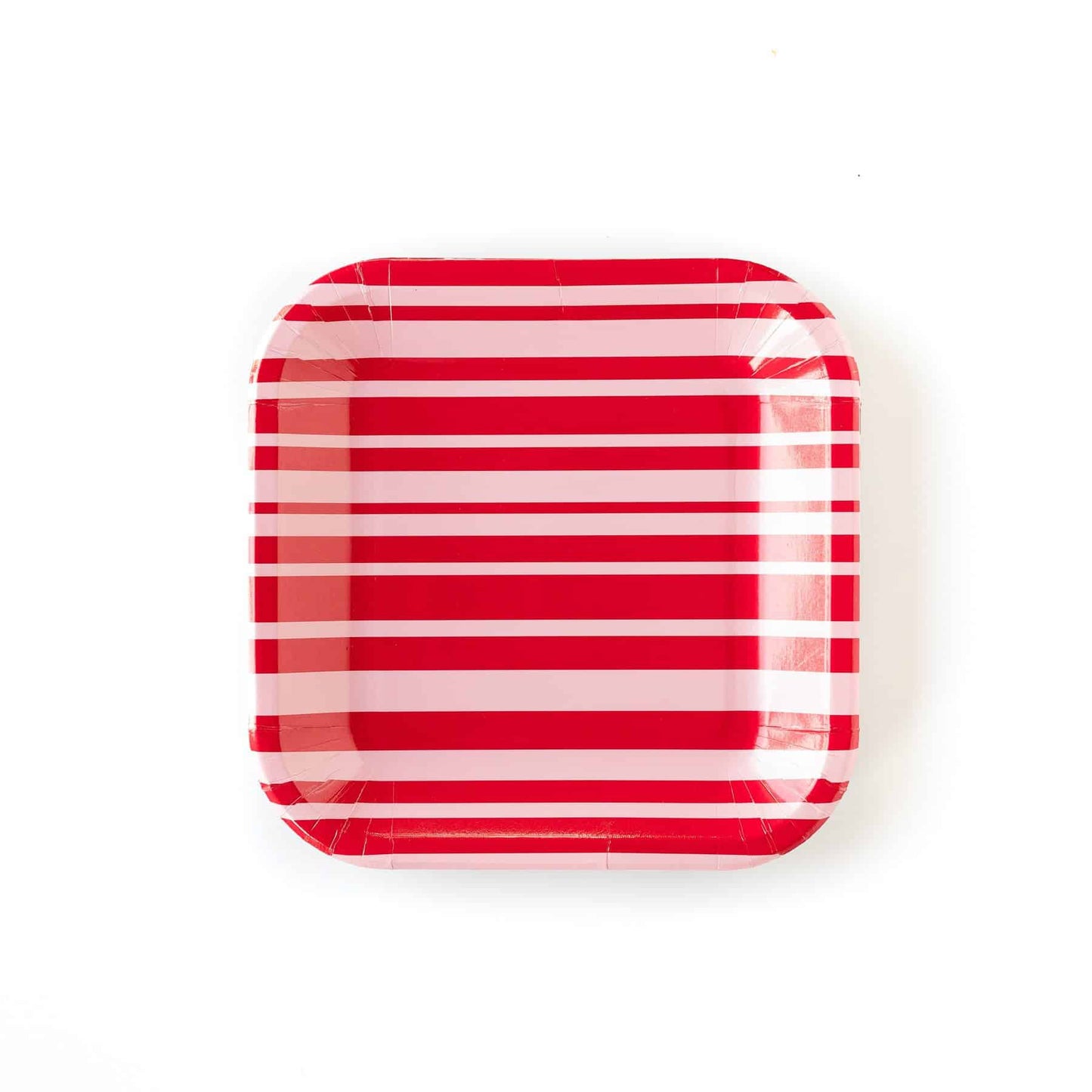 Modern square pink and red striped paper plates perfect for Valentine's Day or a bridal shower