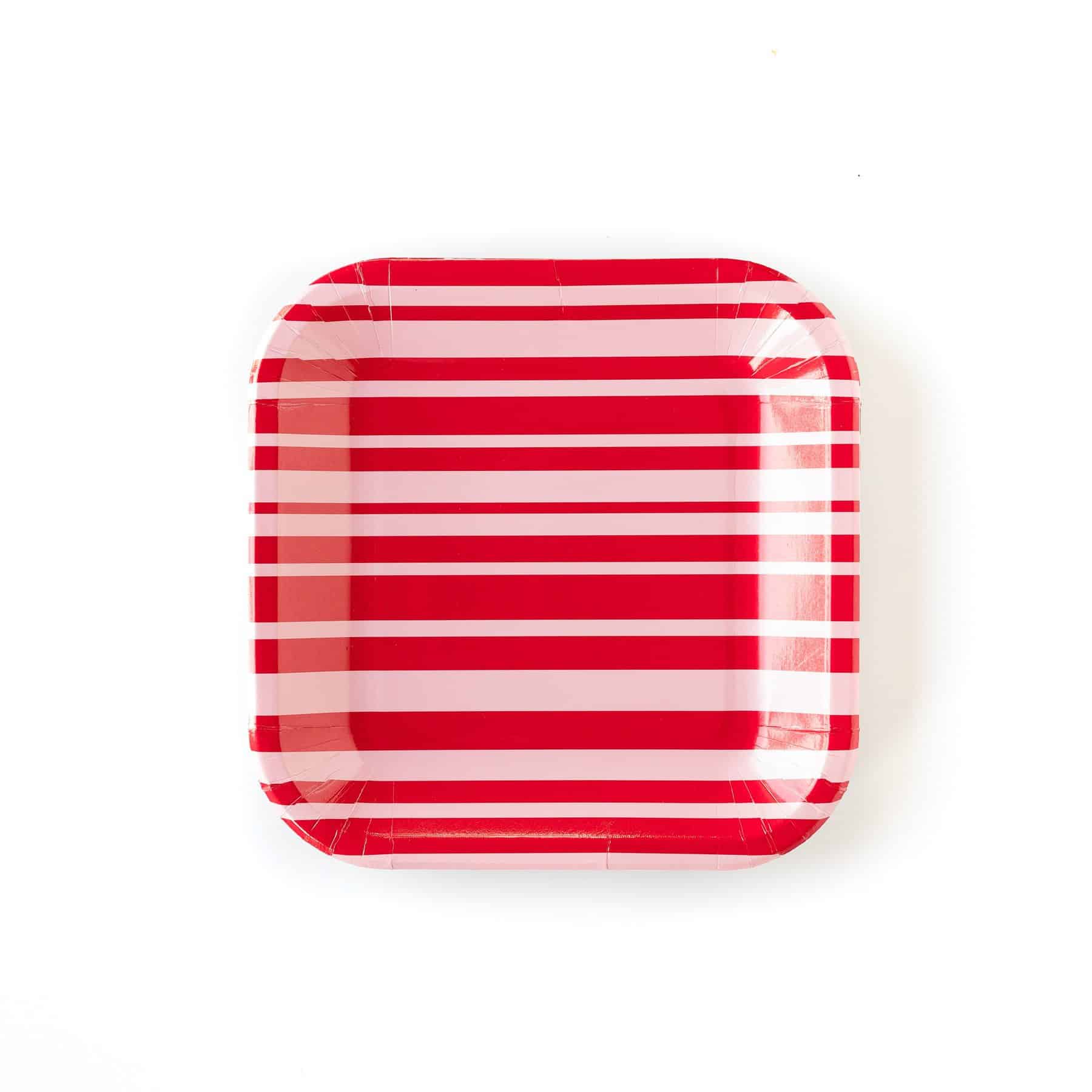 Modern square pink and red striped paper plates perfect for Valentine's Day or a bridal shower