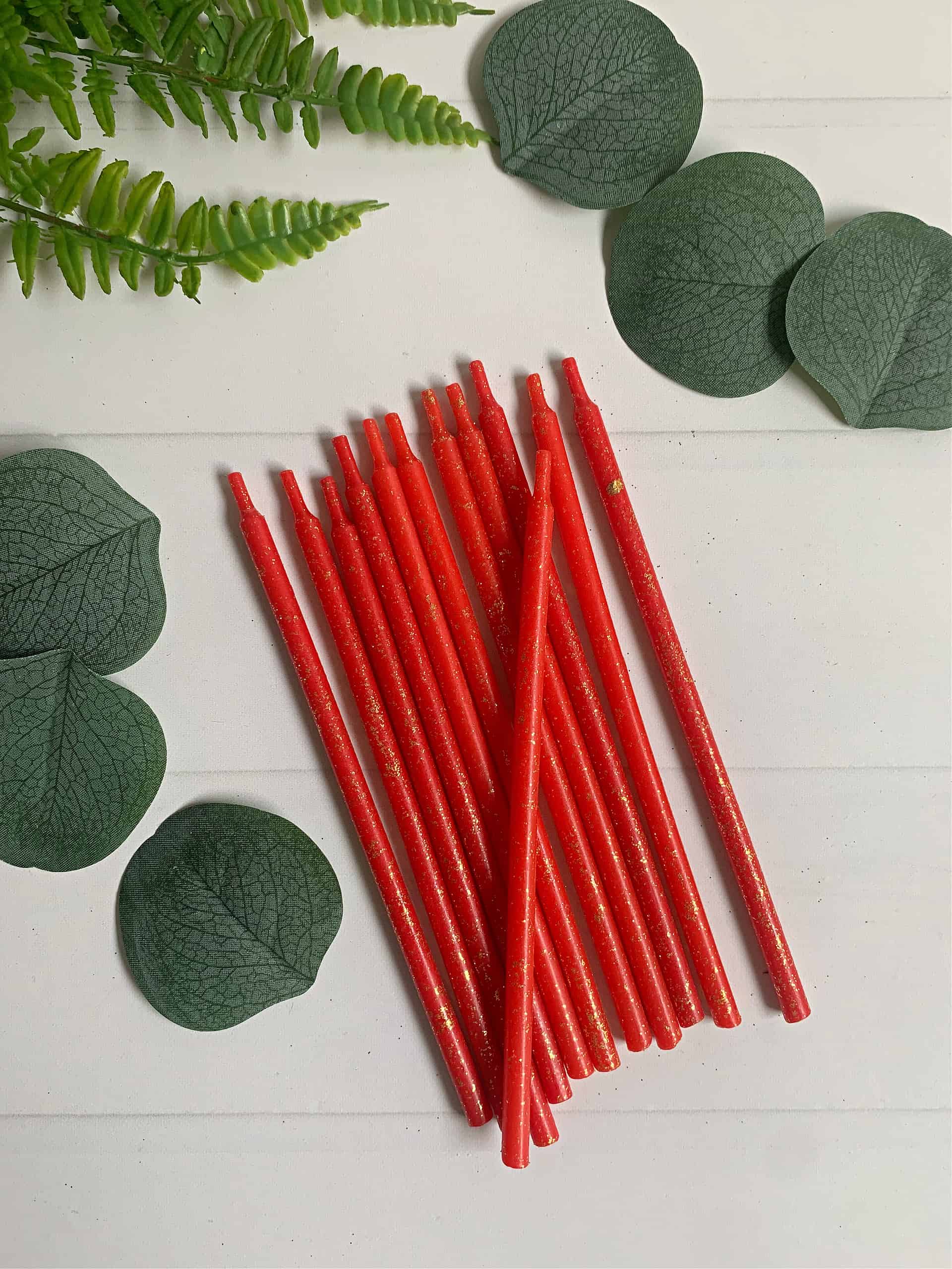 Red Tall Skinny Birthday Candles - with subtle gold glitter. The perfect elegant birthday candles.