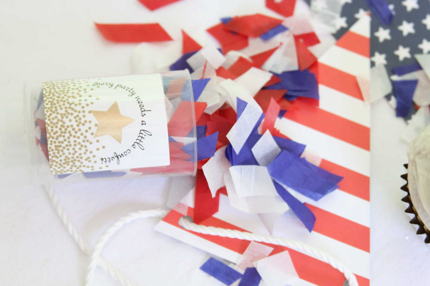 Red white and blue confetti poppers