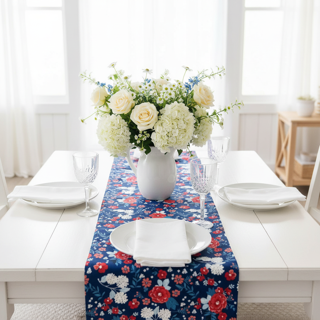 Red White Blue Floral Runner with Hydrangeas