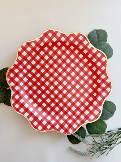 Red and White Gingham Scalloped Dinner Paper Plates | set of 8