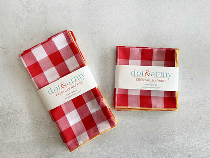 Gingham Check Cloth Napkins 18 Inch Honey Mustard Trim - Cottagecore Farmhouse Reusable Napkins Set of 4