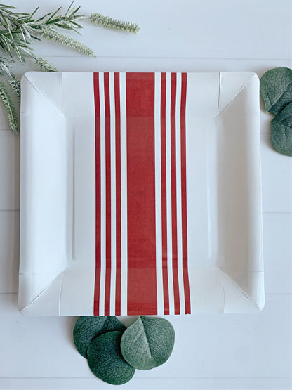 Red Ticking Stripe Paper Plates - Christmas, Valentine's, Patriotic & Summer Party Tableware