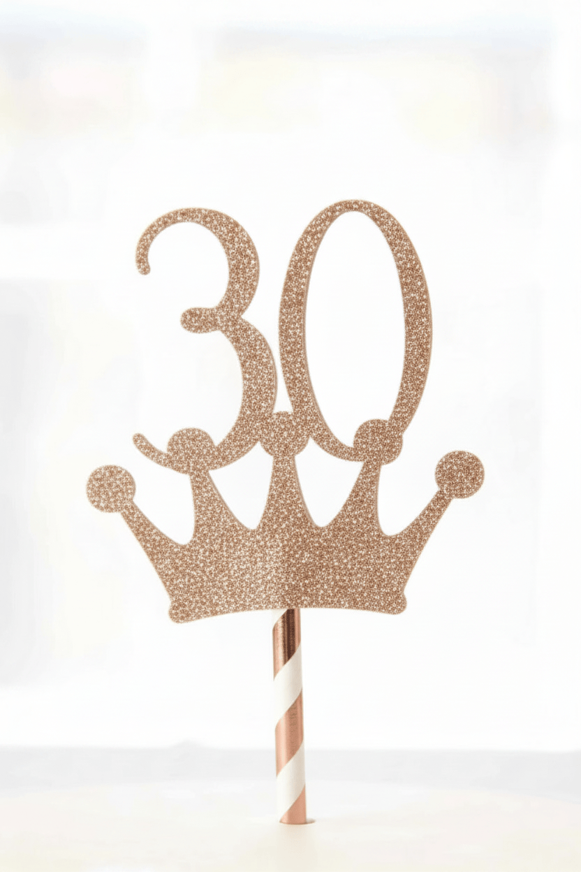 Rose Gold 30 Crown Cake Topper with Rose Gold Straw