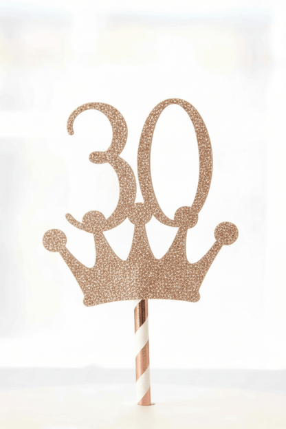Rose Gold 30 Crown Cake Topper with Rose Gold Straw