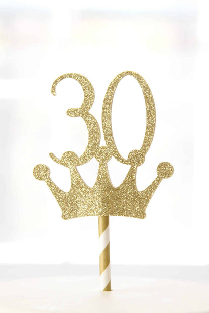 30th birthday gold crown topper in gold sparkle paper, also available in rose gold