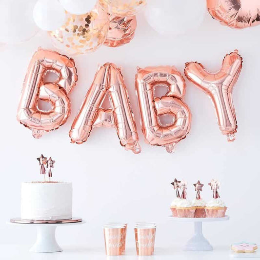 Rose gold baby letter balloons for a baby shower