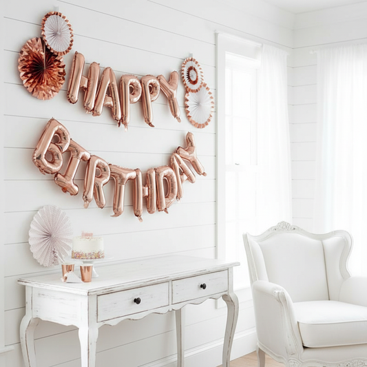 Rose Gold Happy Bithday Balloons Close-Up