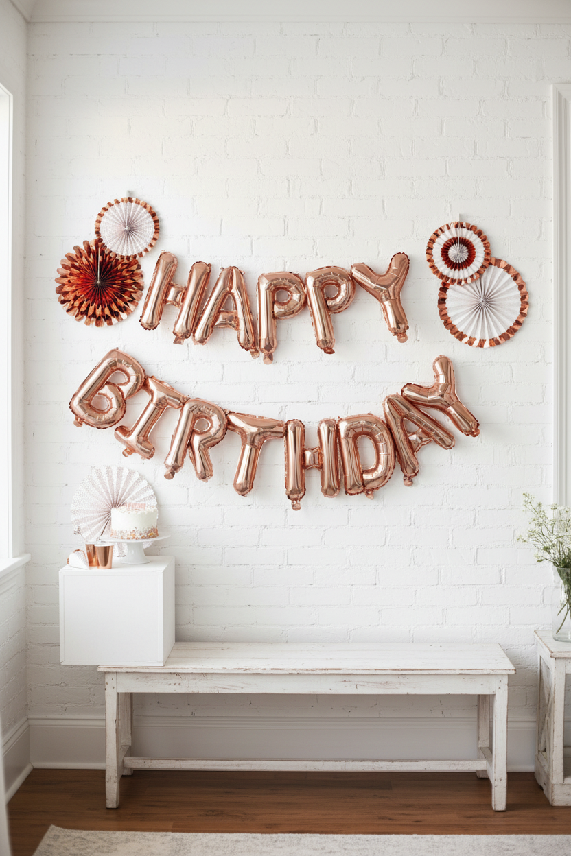 Rose Gold happy birthday Balloons for Photo Booth or Backdrop