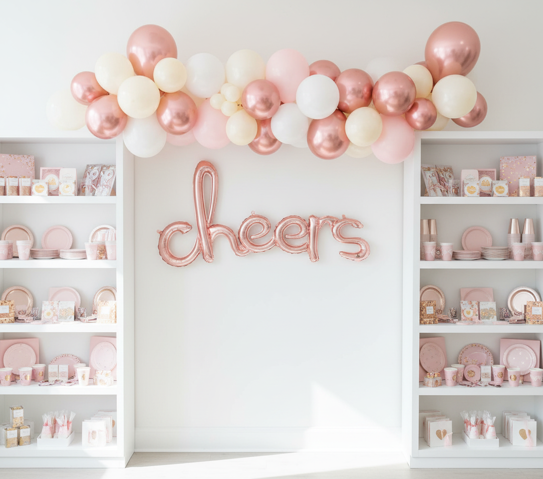 Rose Gold Cheers Balloon with Garland Between Bookcases
