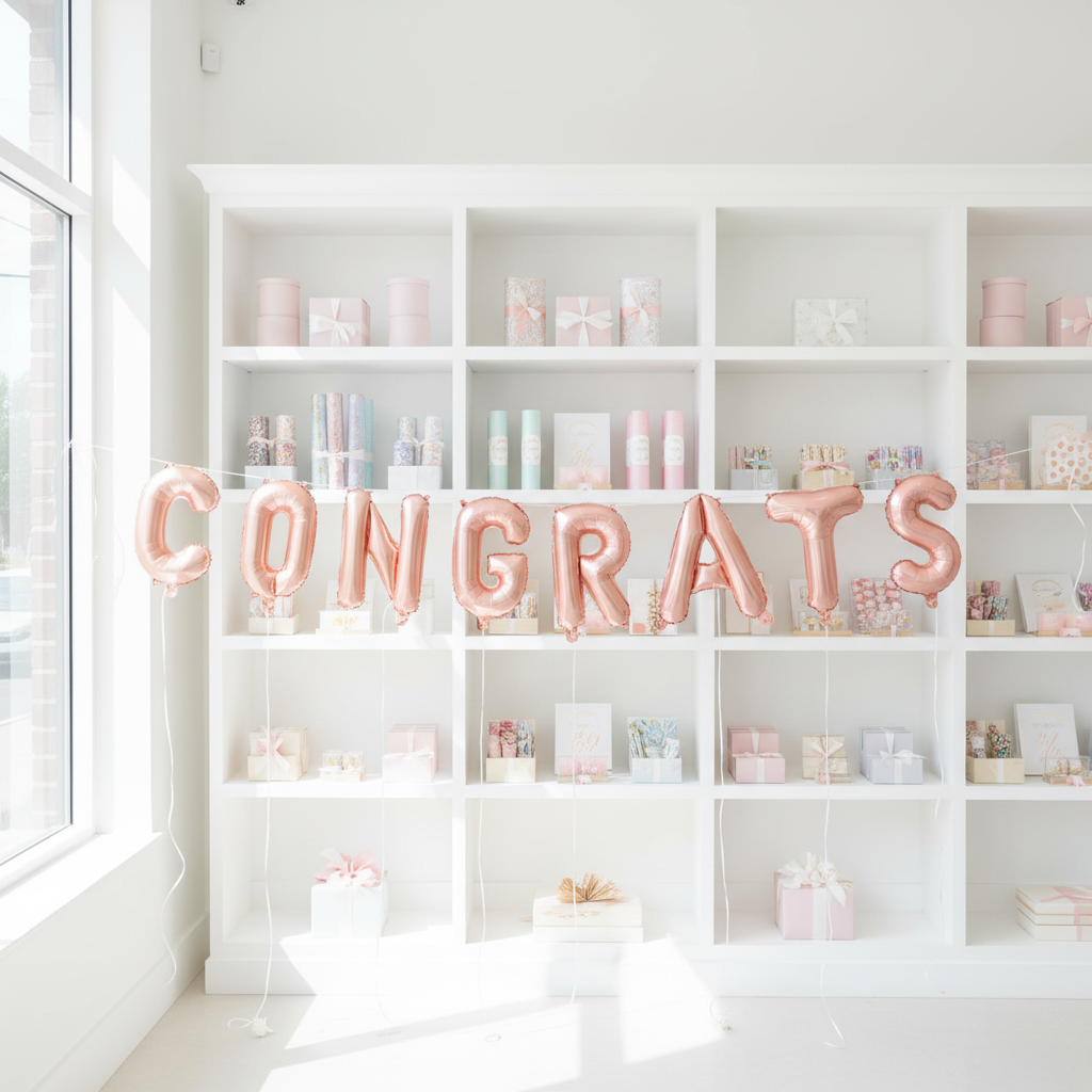 Rose Gold Congrats Letter Balloons in Front of Bookcase