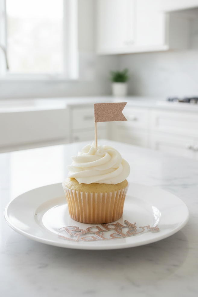 Rose gold flag topper on cupcake