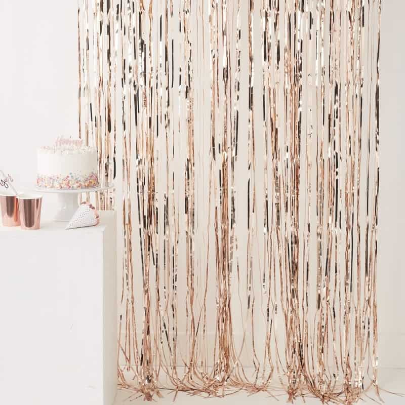 Rose gold fringe backdrop curtain for a photo booth