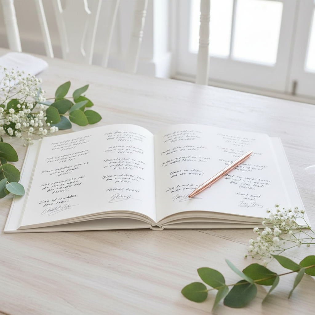 Rose Gold Pen on Guest Book Pages