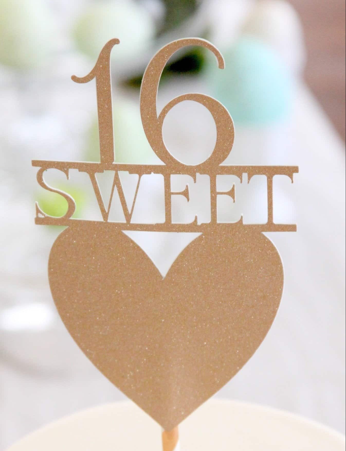 Sweet 16 rose gold cake topper with a heart - perfect sweet sixteen party decorations