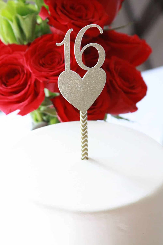 Sweet 16 Cake Topper - Gold Glitter & Rose Gold Glitter Heart Number 16