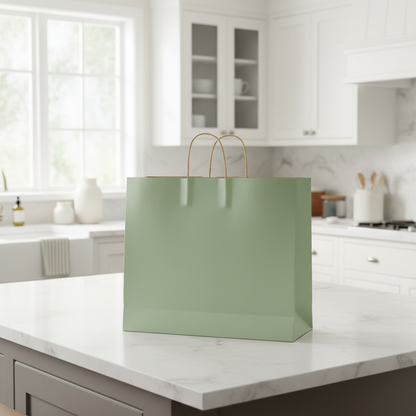 Sage green bag on kitchen island