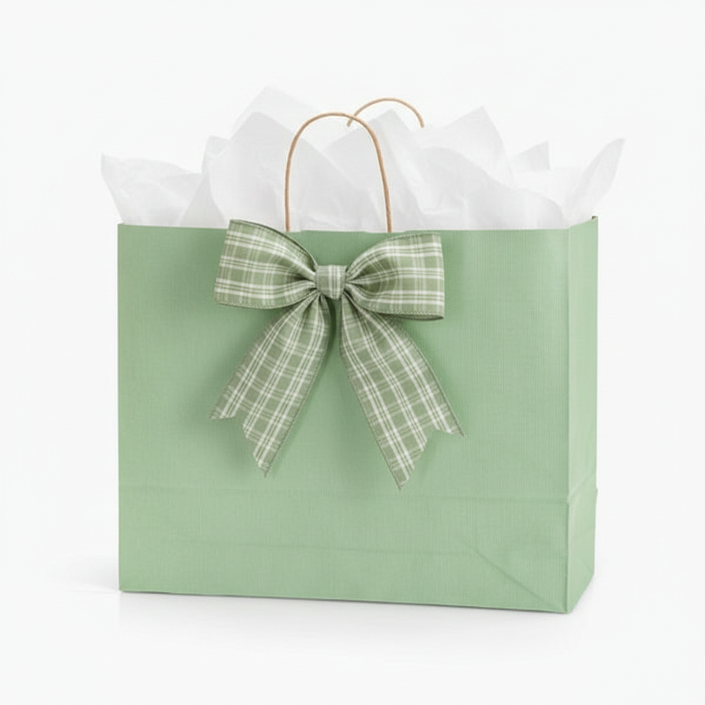 Sage green bag with tartan bow
