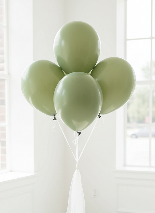 Sage green balloon bouquet with white organza ribbons