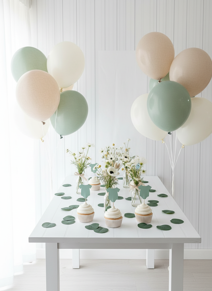 Sage Onesie Party Display with Linen Balloons
