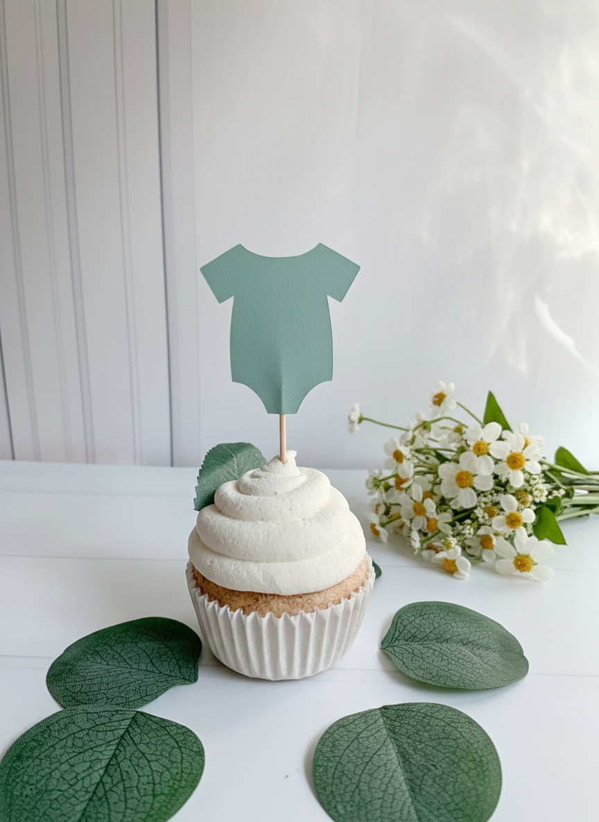 Sage Onesie Topper Cupcake Close-up