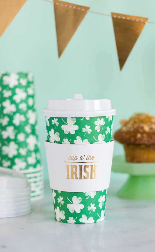 Shamrock Paper Coffee Cups with Cup o' the irish in gold foil on the ring