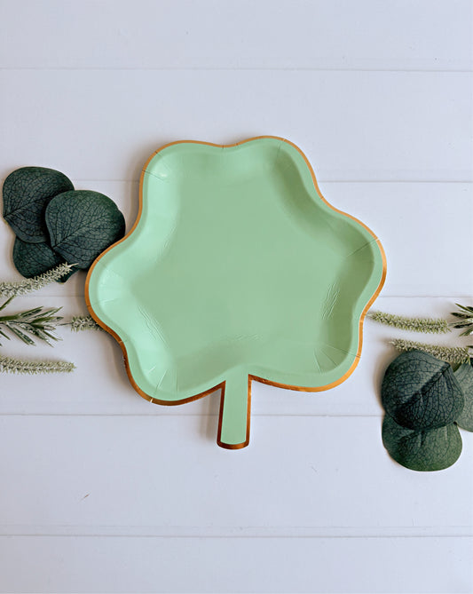 Shamrock Shaped Dessert Plates with Gold Foil | 8" St. Patrick's Day Party Plates | Set of 8