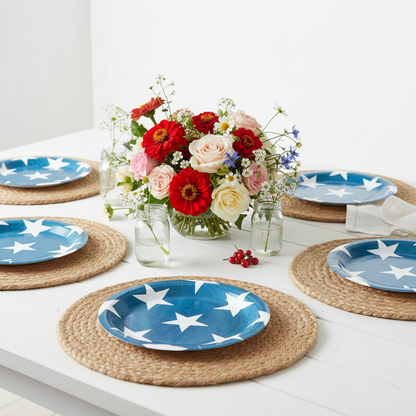 Side angle of blue star plates with wildflowers