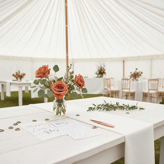 Signing station with rose gold pen