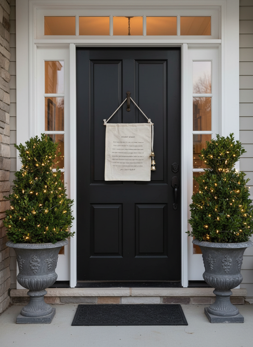 Silent Night Banner Front Door with Lit Boxwoods