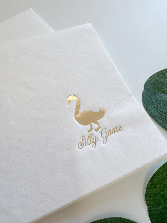 Silly Goose Napkins Gold Foil - Mother Goose Storybook Baby Shower Cocktail Napkins Set of 16
