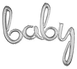Silver Baby balloon - script letters for a baby shower backdrop. Coordinates beautiful with a Baby and Co shower.