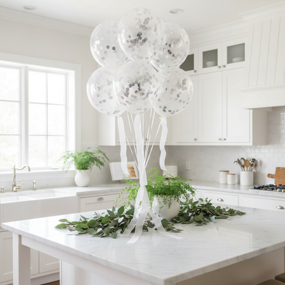 Silver Confetti Balloons Grouped with White Ribbons