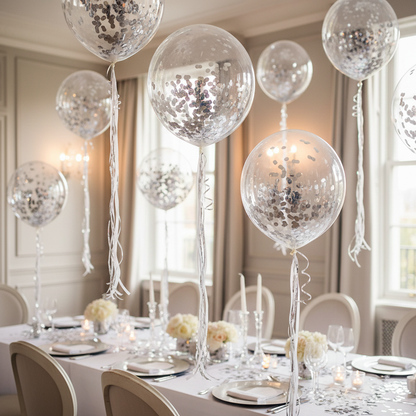 Silver Confetti Balloons with White and Silver Ribbon Tails in Party Room