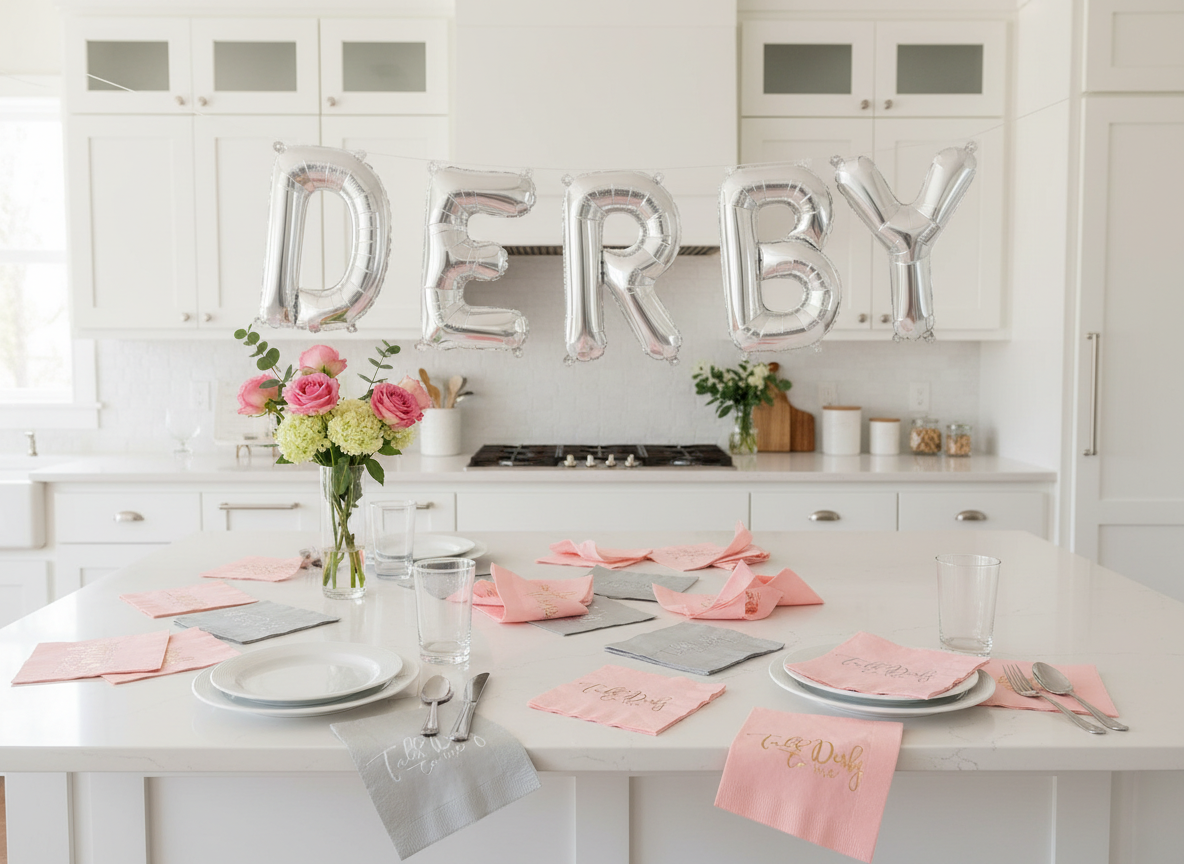 Silver Derby Balloons in White Kitchen with Party Setup