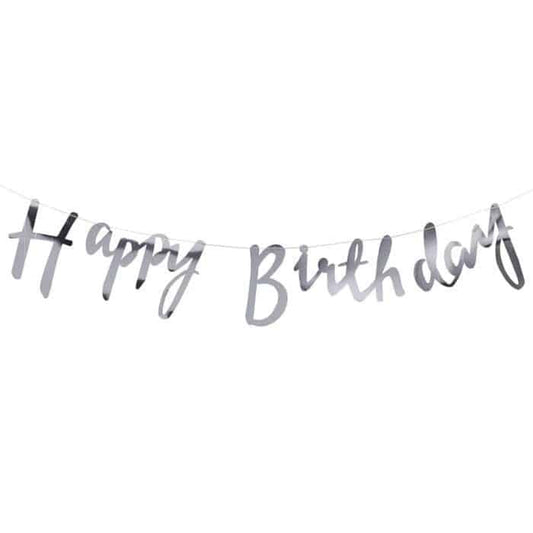 Silver happy birthday banner in pretty script font