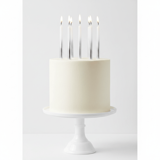 elegant tall Silver Ombré Candles on White Cake