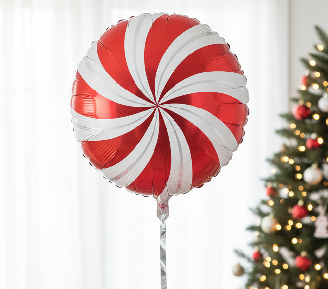 Single peppermint swirl balloon with natural positioning