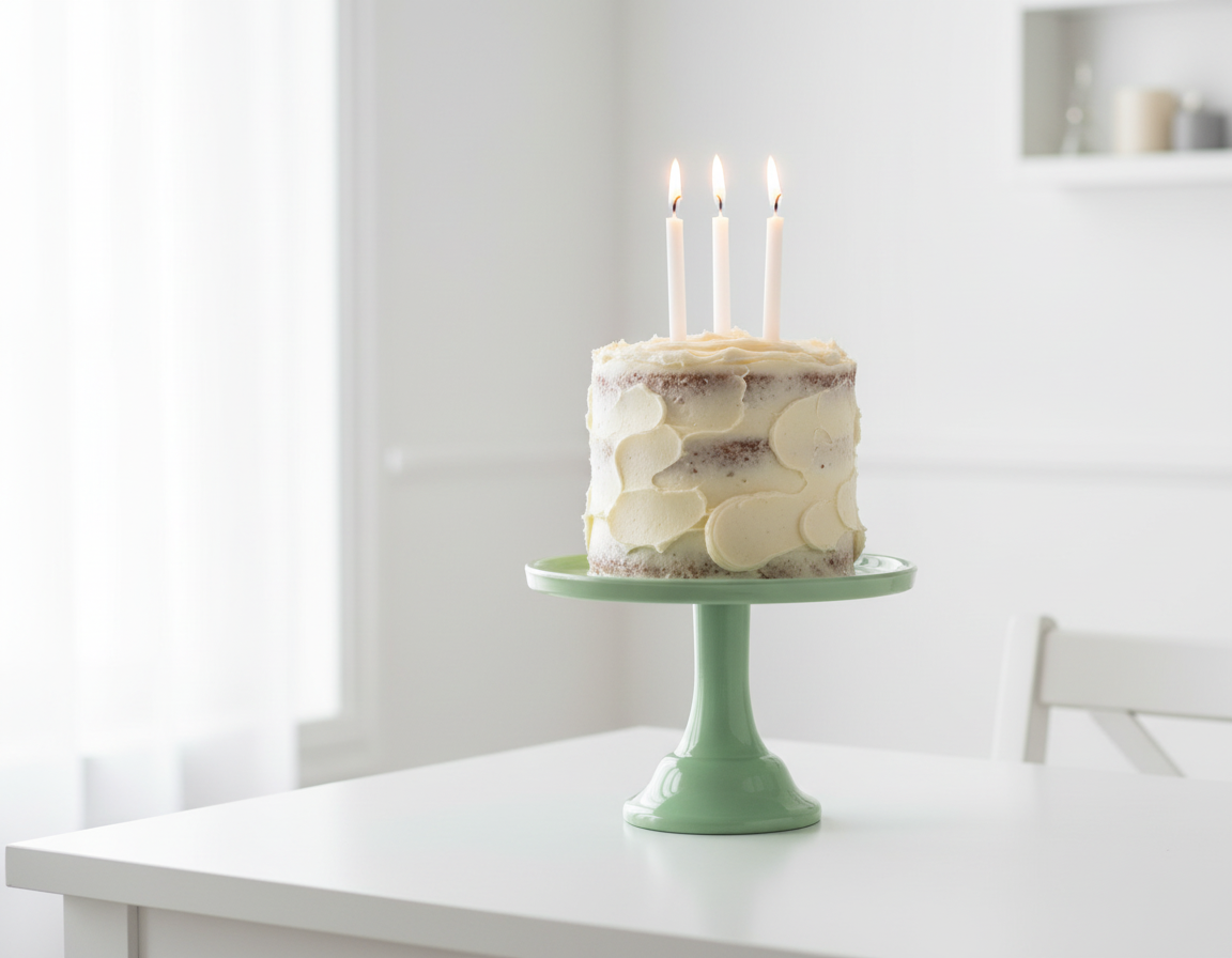 Small Sage Green Melamine Cake Stand with Realistic Cake and White Candles